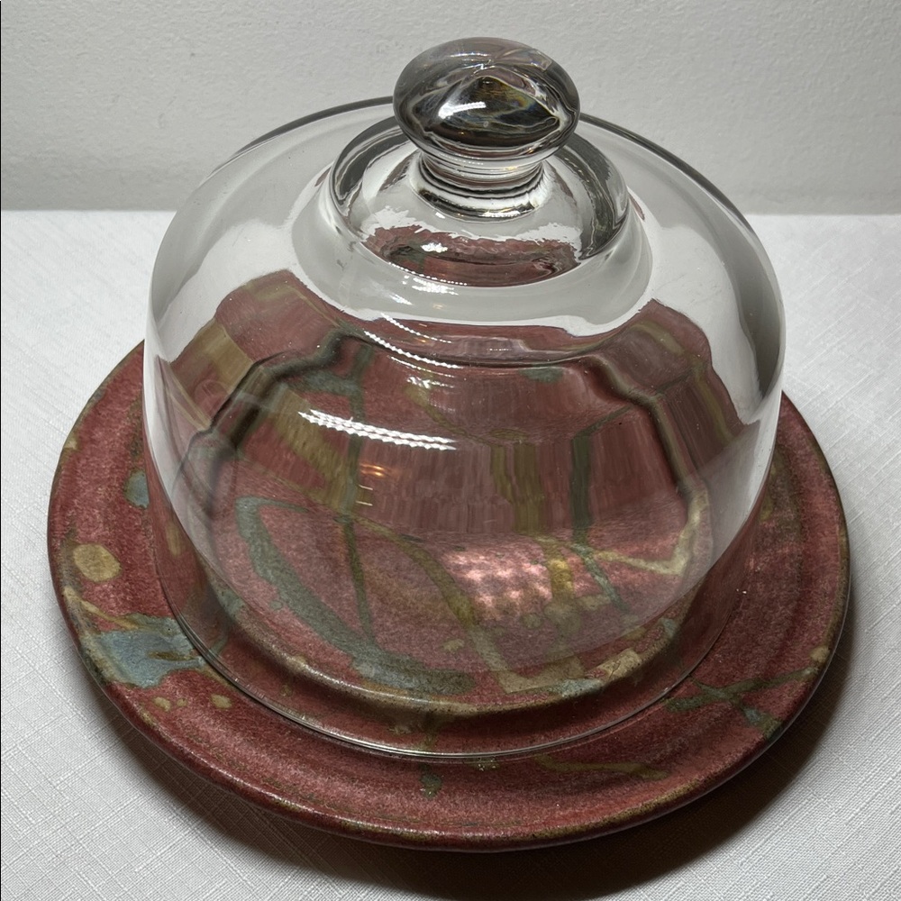 Handcrafted pottery Plate with glass dome by Jennifer Dawson City Yukon. Cheese